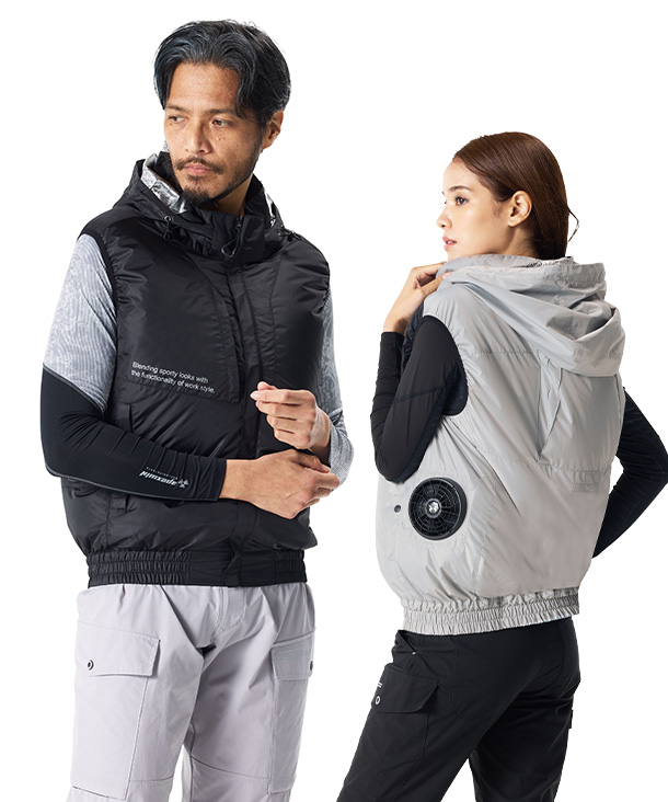 【The tough】アタックベース空調風神服・空調服 ベスト(サイドファン取り付け、チタン加工、フード、制電) 2440-ab