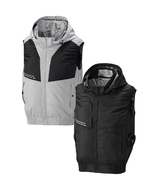 【The tough】アタックベース空調風神服・空調服 ベスト(サイドファン取り付け、チタン加工、フード、制電) 2440-ab