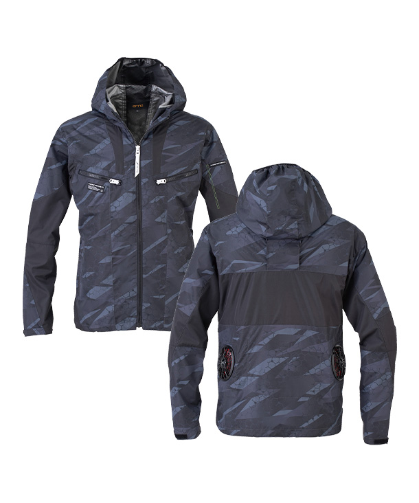 【bigborn】ビッグボーン 空調風神服・空調服 長袖ブルゾン (ローバックファン取り付け、チタン加工、フード付き) 24Vハイパワーファン・バッテリーセット EBA5017A/EBA5017AK-K24