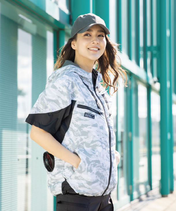 【bigborn】ビッグボーン 空調風神服・空調服 半袖ブルゾン (ローバックファン取り付け、チタン加工、フード付き)  EBA5018A/EBA5018AK
