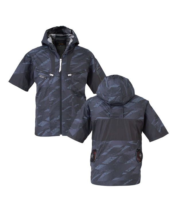 【bigborn】ビッグボーン 空調風神服・空調服 半袖ブルゾン (ローバックファン取り付け、チタン加工、フード付き) 24Vハイパワーファン・バッテリーセット EBA5018A/EBA5018AK-K24