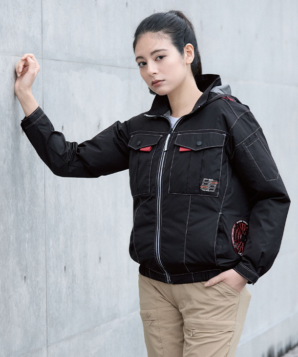 【HOOH】村上被服 空調服 長袖ブルゾン (サイドファン取り付け、チタン加工、フード、フルハーネス対応) V1212