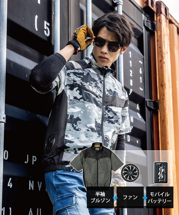 【CO-COS】コーコス空調風神服・空調服 半袖ブルゾン (サイドファン取り付け、チタン加工、フルハーネス対応) モバイルバッテリー・ファンセット AE-5560-M