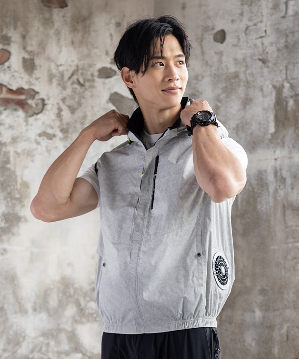 【CO-COS】コーコス空調風神服・空調服 ベスト(サイドファン取り付け、チタン加工、フード付き、フルハーネス対応) G-4039