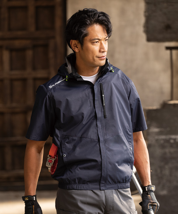 【CO-COS】コーコス空調風神服・空調服 半袖ブルゾン(サイドファン取り付け、チタン加工、フード付き、フルハーネス対応) G-4030