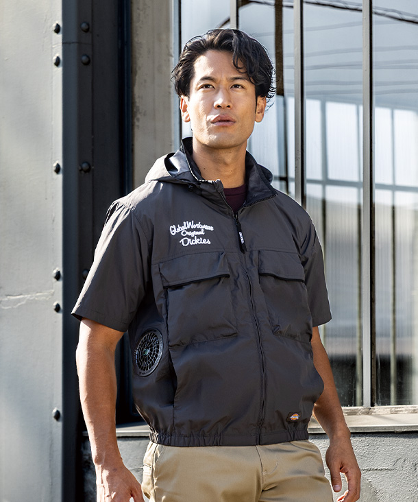 【Dickies】ディッキーズ 空調風神服・空調服 半袖ブルゾン (サイドファン取り付け、チタン加工、フード付き) D-290