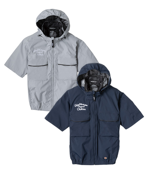 【Dickies】ディッキーズ 空調風神服・空調服 半袖ブルゾン (サイドファン取り付け、チタン加工、フード付き)　24Vハイパワーファン・バッテリーセット D-290-K24